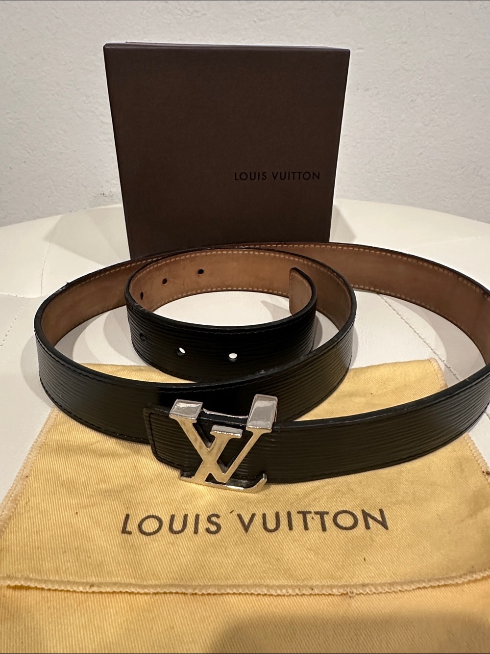 Louis Vuitton Black Epi Leather Belt with Silver LV Initial Buckle